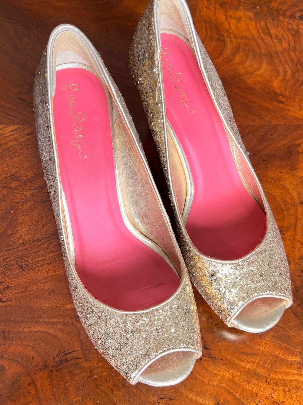 Lilly Pulitzer Gold Glitter Peep-Toe Wedges with Pink Insole